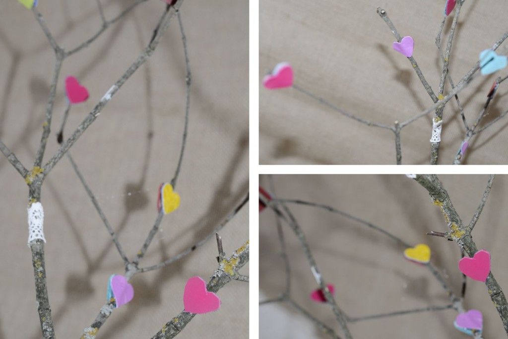 DIY déco nature coeur colorés sur des branches d'arbres