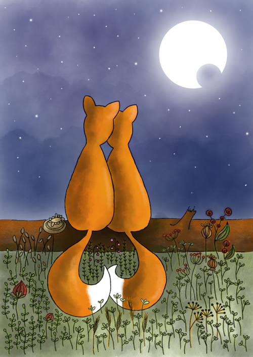 Deux renards ou renardes regardent la lune et le ciel étoilé