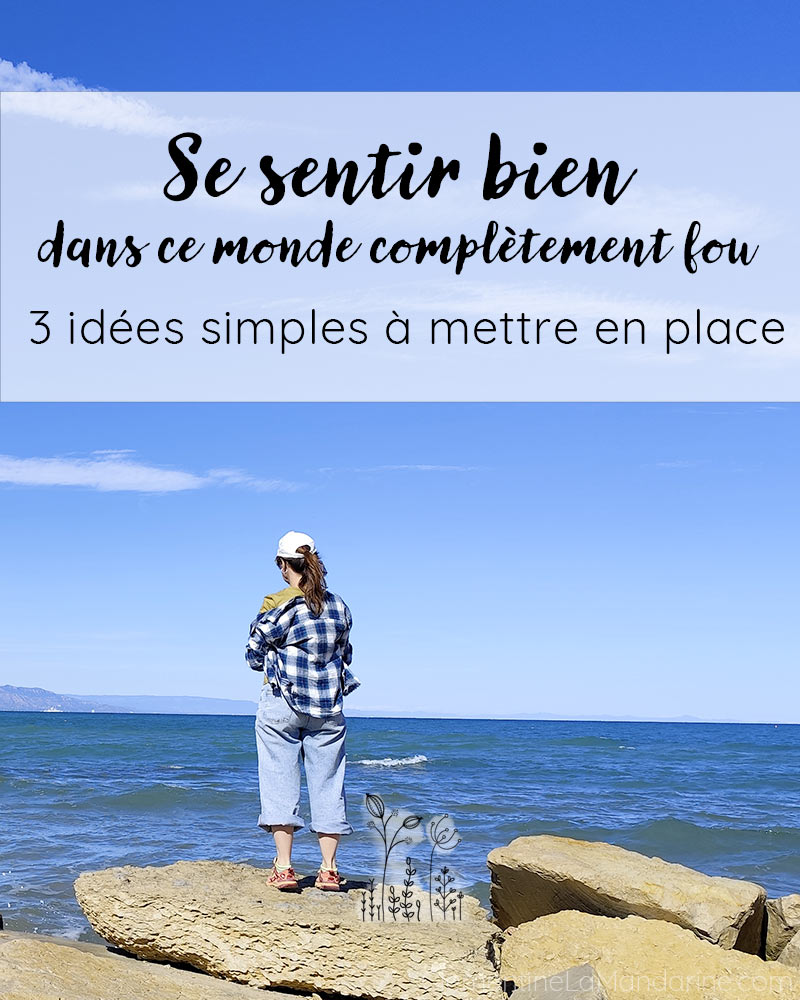 Une personne regarde la mer, juchée sur des rochers. Un texte accompagne l'image : "Se sentir bien dans ce monde complètement fou, 3 idées simples à mettre en place".