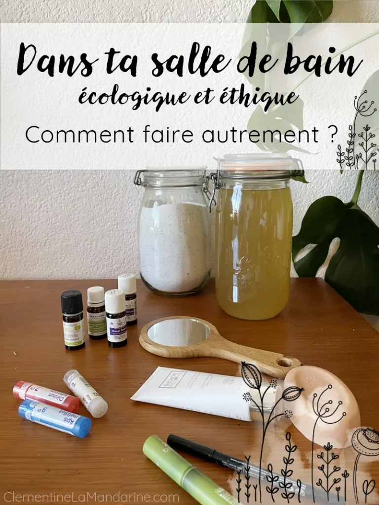 Assemblage de lessive, savon et autres cosmétiques, huiles essentielles et homéopathie sur une table.