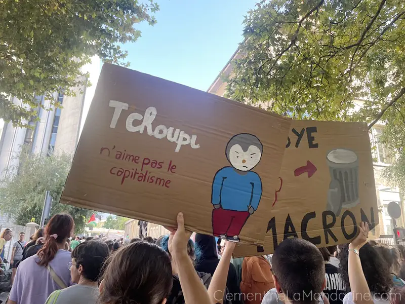 photo de manifestation avec une pancarte Tchoupi n'aime pas le capitalisme